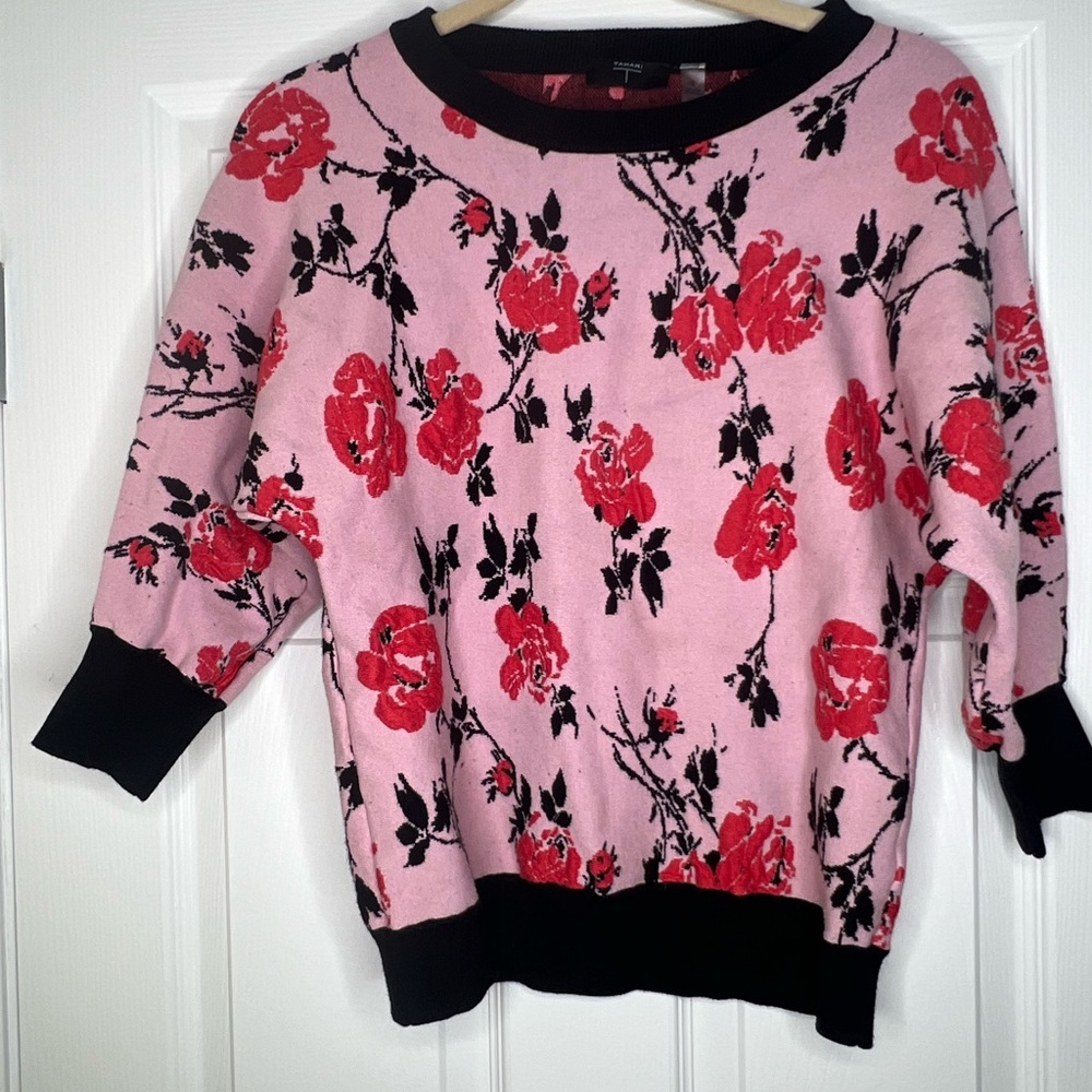 TAHARI pink with red rose sweater - 3/4 length sleeve - size small